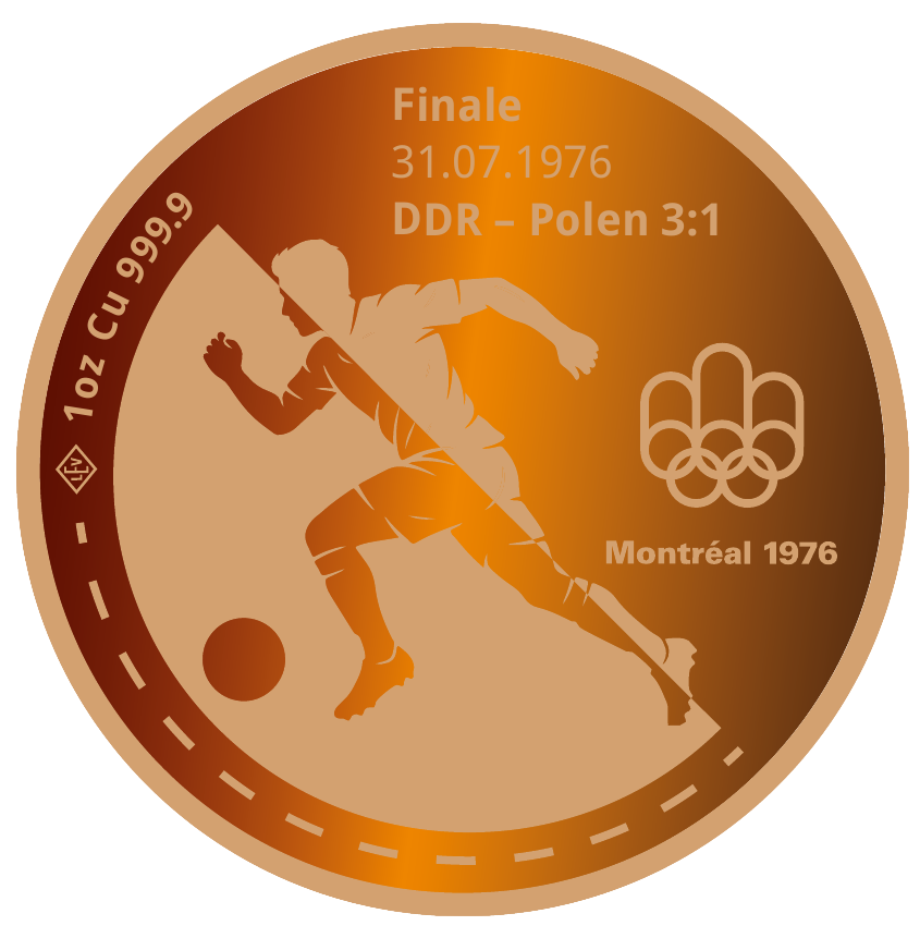 Kupfermedaille „Montreal 1976" – DDR Fußball-Gold | 1 oz Feinkupfer 999